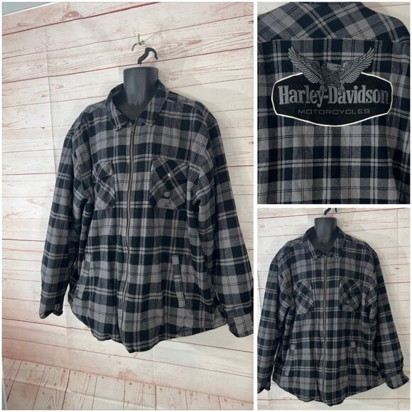 Harley Davidson Mens 3XL Gray Black Zip up jacket Shirt plaid Flannel fleece